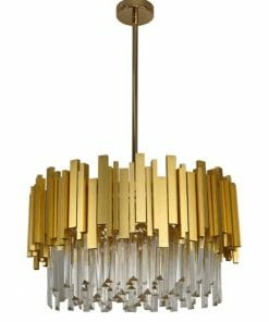 The Regina Brass bar is a gold and crystal chandelier featuring vertical bars, suspended from a ceiling mount by a single rod.