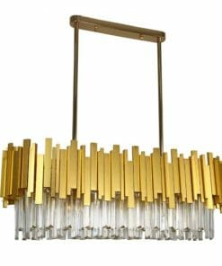 The Regina Brass bar chandelier features gold metal bars on top and hanging clear glass rods below, all suspended from a matching gold ceiling mount.
