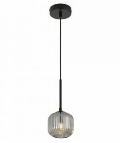 The Bobo 4 black smoke bar pendant light features a ribbed glass shade suspended from a round ceiling mount for a sleek, modern look.