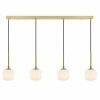 The Bobo 4 brass bar features four pendant lights, each hanging from black cords with ribbed white glass globe shades, creating a sleek modern linear design.