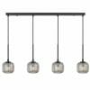 The Bobo 4 brass bar is a rectangular black ceiling mount featuring four evenly spaced hanging glass pendants with ribbed spherical shades.