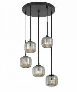 The Bobo 10 black smoke cluster features five pendant lights with ribbed glass shades and exposed bulbs, each suspended at different heights for a bold, modern effect.