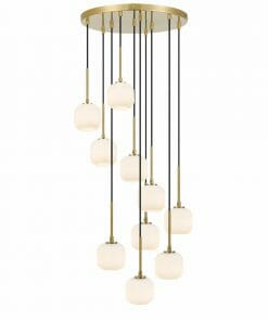 A modern chandelier with white glass balls hanging from a gold chain, the Bobo 4 brass bar, available at a lighting store.