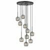 The Bobo 10 black smoke cluster chandelier features ten hanging pendant lights with ribbed glass shades, arranged at different heights for a modern look.