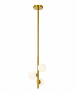The Moran 14 light brass pendant features three round white glass globes on a sleek vertical rod for a modern look.