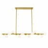 The Moran 14 light brass chandelier has two modern horizontal bars with evenly spaced round white glass bulbs, all suspended from a rectangular ceiling mount.