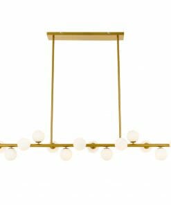 The Moran 14 light brass chandelier has two modern horizontal bars with evenly spaced round white glass bulbs, all suspended from a rectangular ceiling mount.