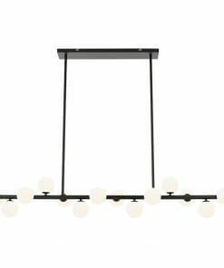 Inspired by the Moran 14 light brass, this modern black chandelier features two horizontal bars with evenly spaced round white bulbs, elegantly suspended from a rectangular ceiling mount.