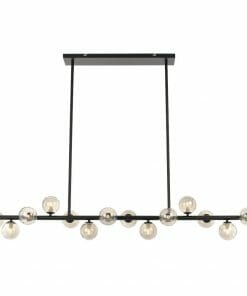 The Moran 14 light brass chandelier showcases a modern rectangular design with a sleek black metal frame and multiple globe bulbs arranged along two parallel bars.