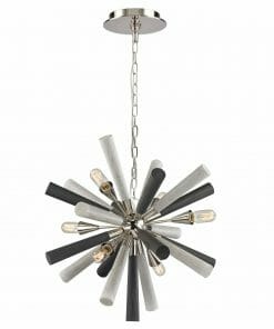 The Spunik 6 is a modern sputnik-style chandelier with black, white, and gray rods radiating from a central metallic sphere. It features exposed bulbs and includes a chain for ceiling mounting.