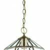 The Eclipse 1 light is a brass pendant with a faceted glass shade, hanging from a chain on a round ceiling mount.