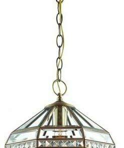 The Eclipse 1 light is a brass pendant with a faceted glass shade, hanging from a chain on a round ceiling mount.