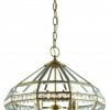 The Eclipse 1 light chandelier features brass and glass construction, geometric panels, four candle-style lights, and a chain suspension.