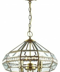 The Eclipse 1 light chandelier features brass and glass construction, geometric panels, four candle-style lights, and a chain suspension.