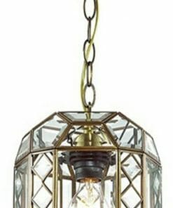 The Errolant 1 brass pendant light showcases a geometric metal frame and clear glass panels, with an exposed bulb suspended by a chain for a touch of modern elegance.