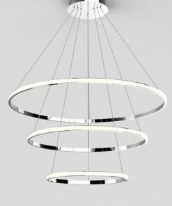 The Tuscan 3 ring black ceiling light features three circular LED rings suspended by cables from a round base, presented against a plain background.