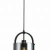 The Dynamical smoke pendant is a modern light fixture featuring an exposed bulb, a metallic cylindrical shade, and a rounded oval frame, all suspended from a ceiling mount.