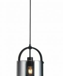 The Dynamical smoke pendant is a modern light fixture featuring an exposed bulb, a metallic cylindrical shade, and a rounded oval frame, all suspended from a ceiling mount.