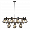 The Escoda smoke 18 is a modern black chandelier with twelve exposed bulbs in a circular design, elegantly suspended from the ceiling by a central rod.