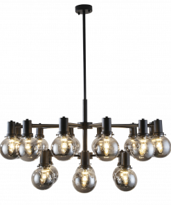 The Escoda smoke 18 is a modern black chandelier with twelve exposed bulbs in a circular design, elegantly suspended from the ceiling by a central rod.
