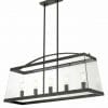 The Colair solid brass Black 4 is a rectangular chandelier with six exposed bulbs and clear glass panels, suspended from the ceiling by two rods.