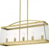 Colair solid Antique brass 1 is a rectangular chandelier with five exposed bulbs and glass, suspended from two matching antique brass rods.