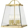 The Colair Solid Antique Brass 1 is a pendant light fixture featuring four exposed bulbs and a trapezoidal clear glass enclosure.