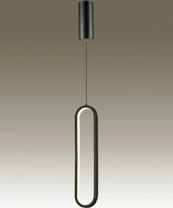 The Clinton Linear black 1 is a pendant light with a modern, elongated oval LED frame suspended from a sleek cylindrical ceiling mount, perfect for neutral interiors.