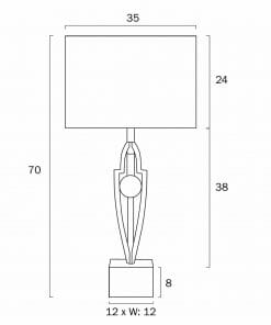 Line drawing of the Vardo black marble table lamp, dimensions: height 70 cm, shade 35 cm wide x 24 cm high, base 12 x 12 cm and 8 cm high, lamp body height 38 cm.