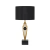 The Vardo black marble table lamp features a spherical black marble detail, a black cylindrical shade, a gold metal frame, and a sleek black square base.