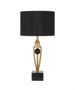 The Vardo black marble table lamp features a spherical black marble detail, a black cylindrical shade, a gold metal frame, and a sleek black square base.