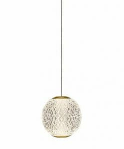 A round, white, textured pendant light with a thin cord hangs from the ceiling against a plain white background, enhancing the refined style of the Langton 15 cluster gold lighting collection.