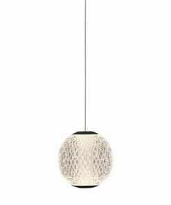 The Langton 15 cluster gold features a spherical pendant with a textured, lattice-patterned white shade, suspended from a thin black cord against a plain white background.