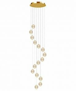 The Langton 15 cluster gold chandelier showcases 15 spherical lights arranged in a spiral at varying heights, creating a modern and elegant centerpiece.