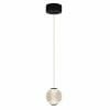 The Langton 1 black pendant light showcases a modern look with a black ceiling mount, single cord, and spherical textured white lampshade.
