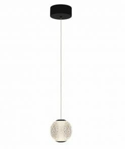 The Langton 1 black pendant light showcases a modern look with a black ceiling mount, single cord, and spherical textured white lampshade.