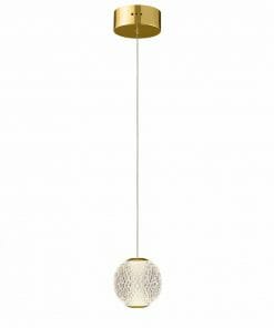 The Langton 1 gold pendant light has a round, mesh-patterned glass shade suspended by a thin cord from a circular ceiling mount.