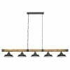 The Oldbury 5 is a rectangular wooden chandelier featuring five black metal lampshades arranged in a row, suspended by two black chains.