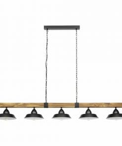 The Oldbury 5 is a rectangular wooden chandelier featuring five black metal lampshades arranged in a row, suspended by two black chains.