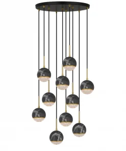 An Onetta 10 cluster black chandelier with marble balls, perfect for a lighting store.