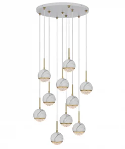 A white and gold Onetta 10 cluster black with hanging spheres available at a lighting store.