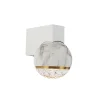 The Onetta white wall 1 has a rectangular backplate, a marble-patterned half-sphere cover, a gold accent band, and a clear textured glass bottom for modern elegance.