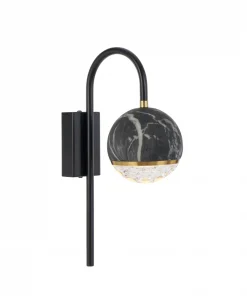 The Onetta Arm Black wall 1 features a black metal arm, a black and white marble globe shade, and a clear textured bottom section with gold trim.