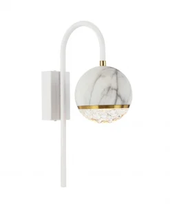 The Onetta Arm Black wall 1 features a white arched arm, round marble-patterned shade with a gold band, and faceted clear base for an elegant touch to any space.