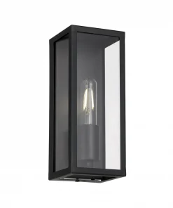 Black metal and glass wall sconce inspired by the Arazano 25 Solid Brass Wall Light, featuring a rectangular design with an exposed vertical bulb.