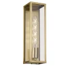 The Arazano 35 Solid Brass Wall Light has a rectangular brass frame, clear glass panels, and an exposed tubular bulb for a timeless sconce look.