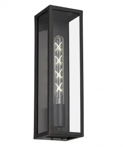 This rectangular black metal and glass wall sconce is inspired by the Arazano 35 Solid Brass Wall Light and features an exposed tubular LED bulb inside.