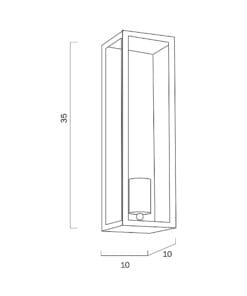Line drawing of the Arazano 35 Solid Brass Wall Light, a rectangular sconce (35x10x10 cm) with an open frame and central cylindrical light fixture.