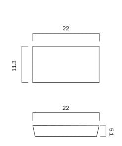Line drawing of a rectangular tray labeled with dimensions: 22 cm length, 11.3 cm width, and 5.1 cm height, echoing the modern style of the Bloc Ext LED Wall Light.