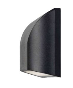 The Bloc Ext LED Wall Light is a modern black fixture with a curved, minimalist design and a sleek, downward-facing LED light panel.
